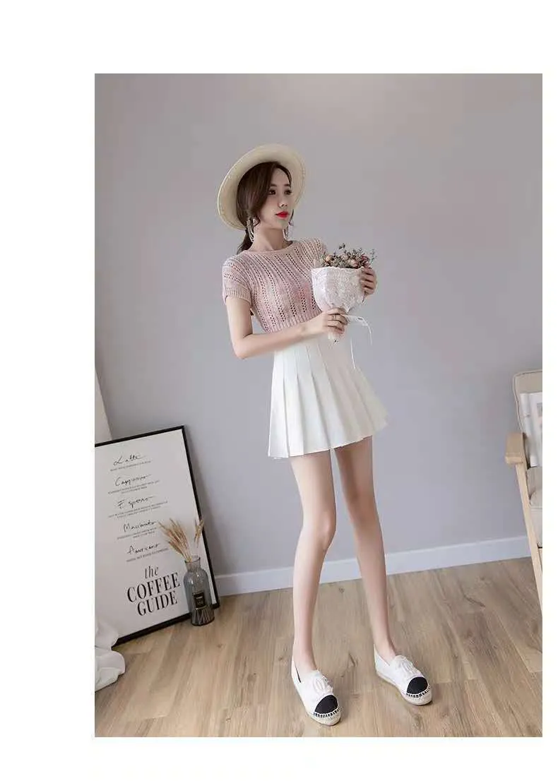 High Waist A-Line Pleated Women Summer Skirt College Black White Gray Slim Look Skirt