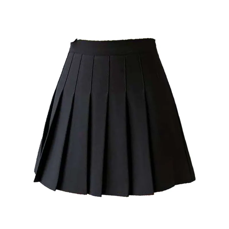 High Waist A-Line Pleated Women Summer Skirt College Black White Gray Slim Look Skirt
