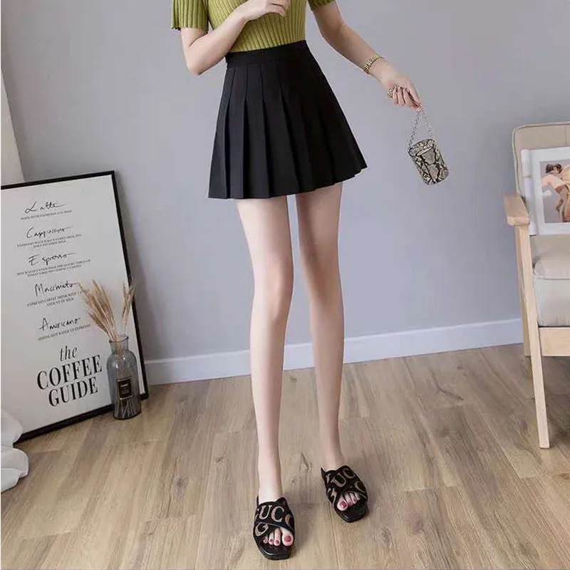 High Waist A-Line Pleated Women Summer Skirt College Black White Gray Slim Look Skirt