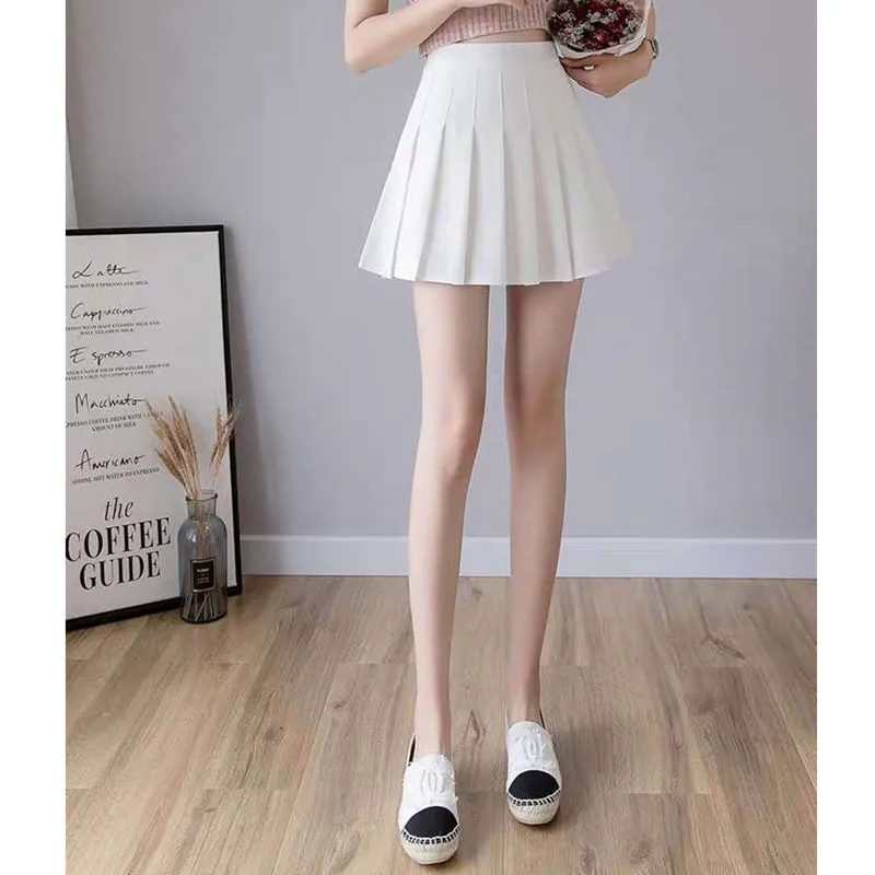 High Waist A-Line Pleated Women Summer Skirt College Black White Gray Slim Look Skirt