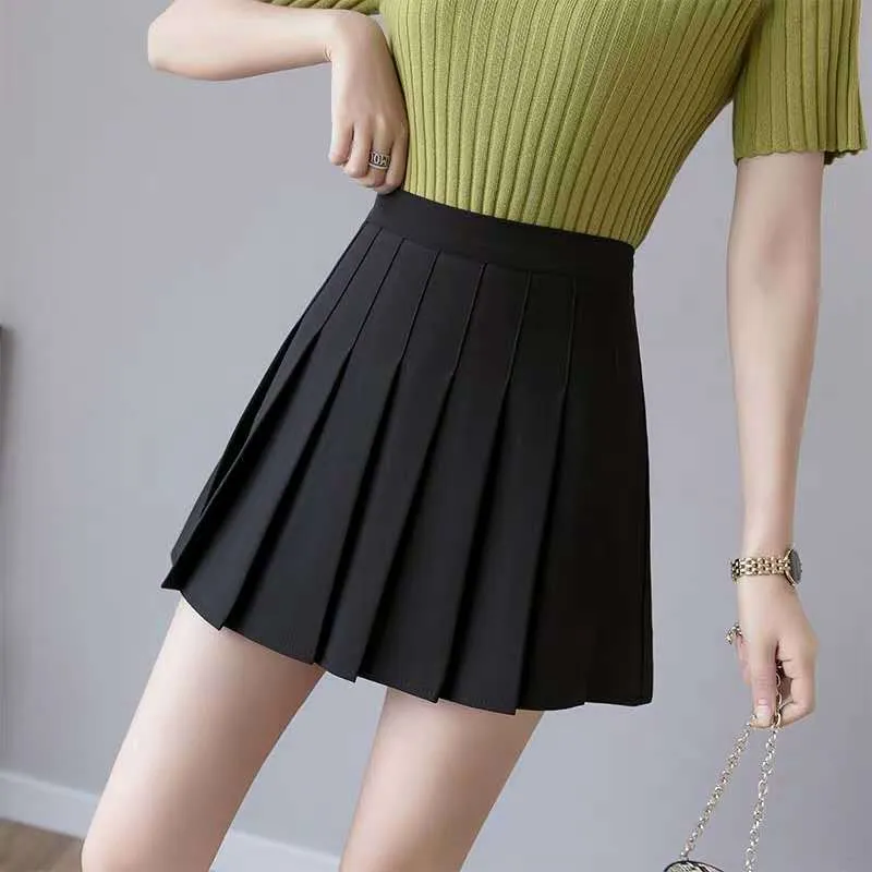 High Waist A-Line Pleated Women Summer Skirt College Black White Gray Slim Look Skirt