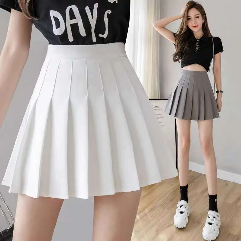 High Waist A-Line Pleated Women Summer Skirt College Black White Gray Slim Look Skirt