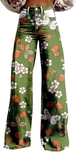 High Waisted Floral Print Pants for Women Plus Size Casual Patterned Retro Wide Leg Printed Imitation Denim Jeans