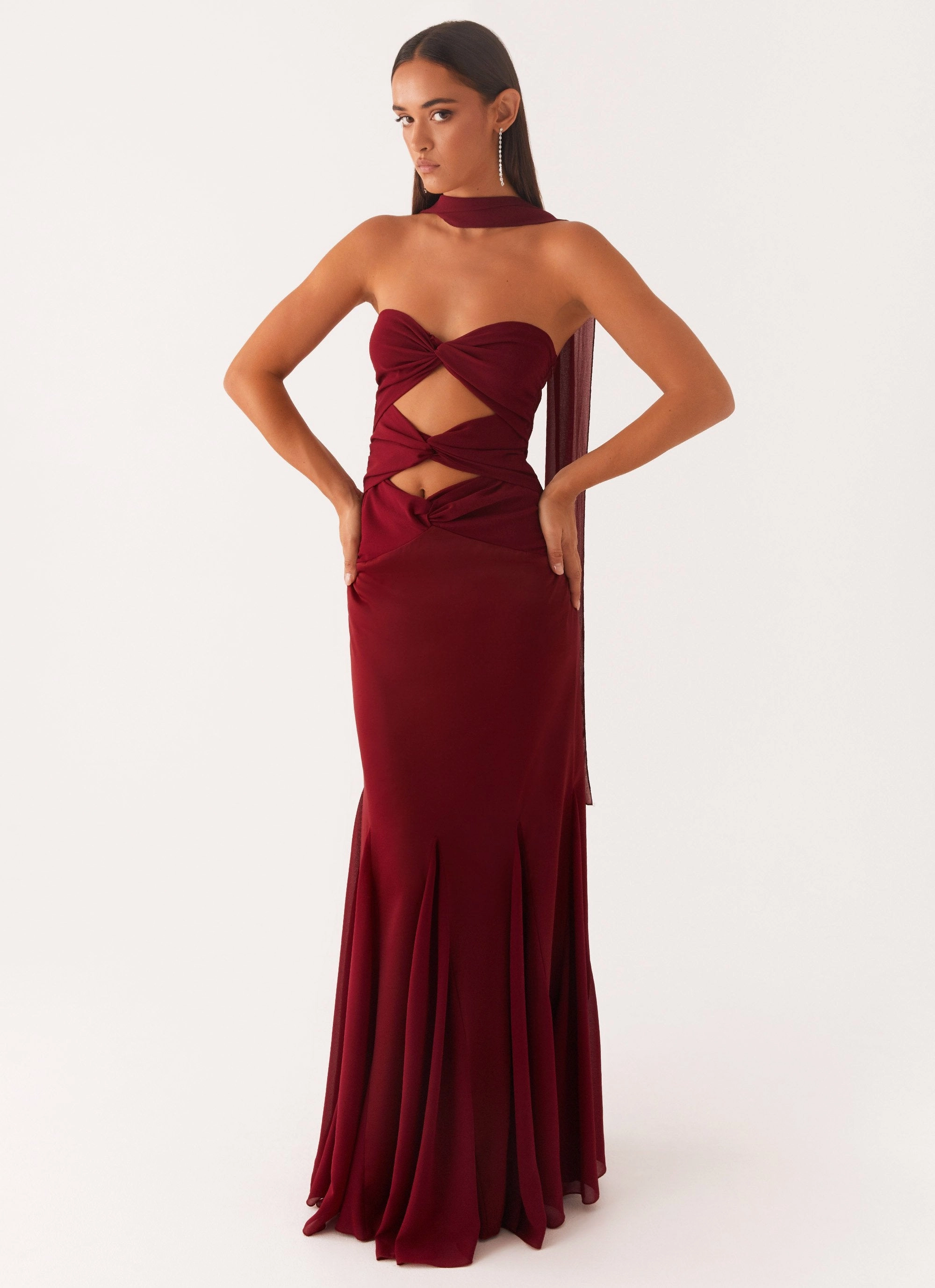 Melrose Satin Chiffon Maxi Dress - Deep Red Dual Tones Lounge Feel