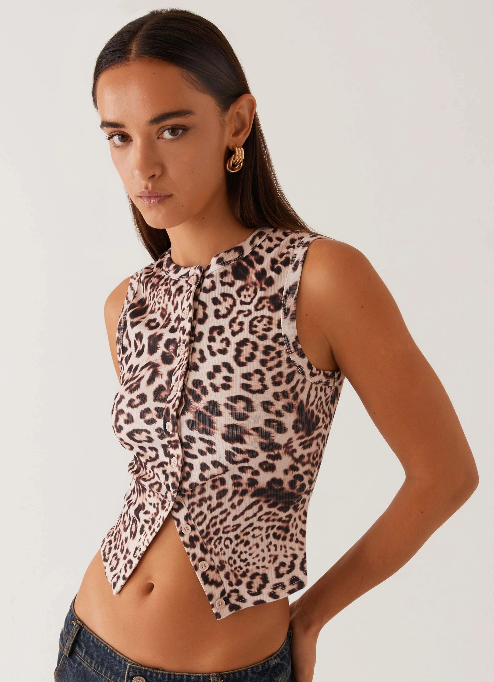 AntiStaticLining Blair Buttoned Tank Top - Leopard