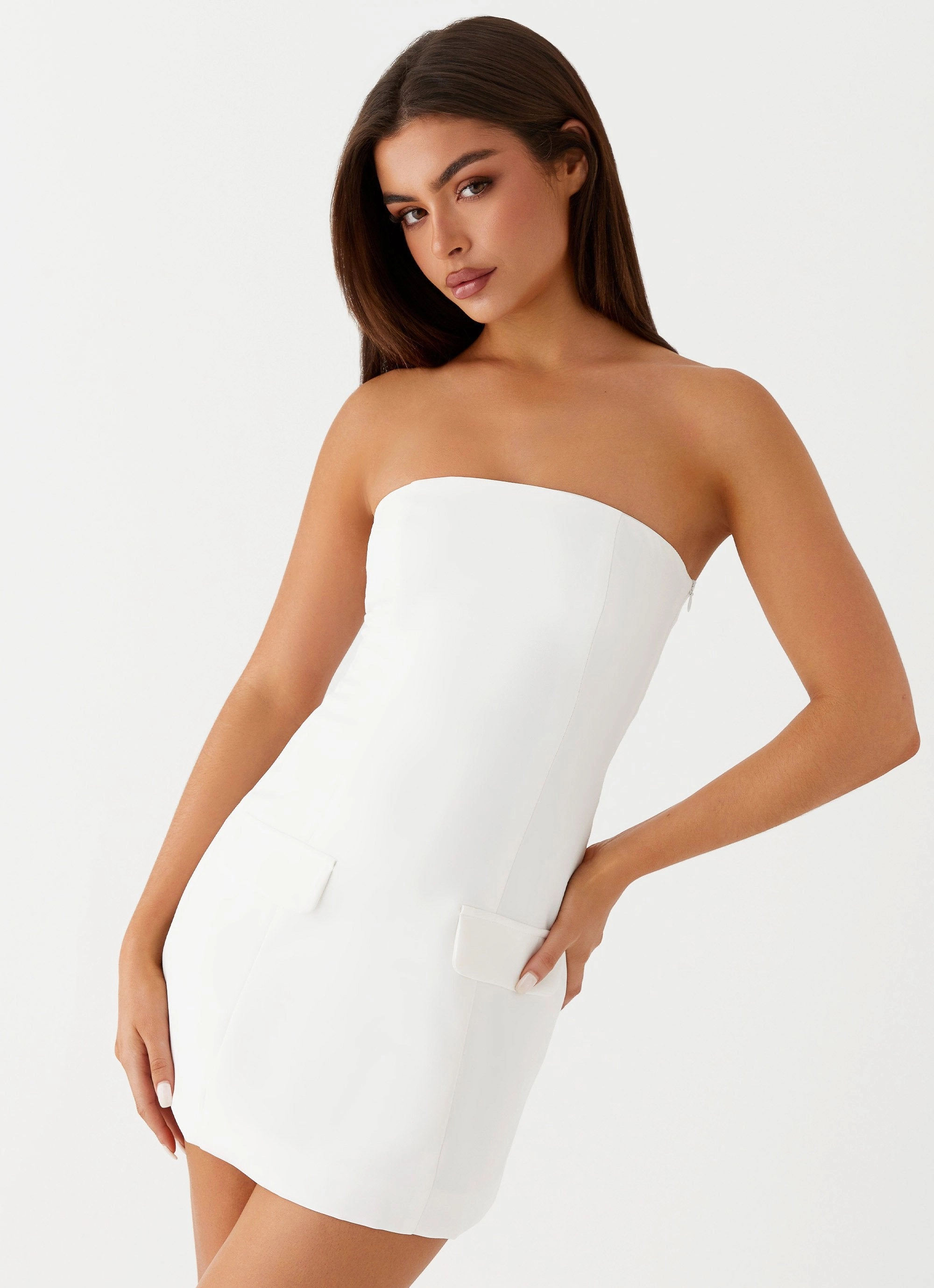 Silky Silhouette Smart Waistband Fit Allora Strapless Mini Dress - White