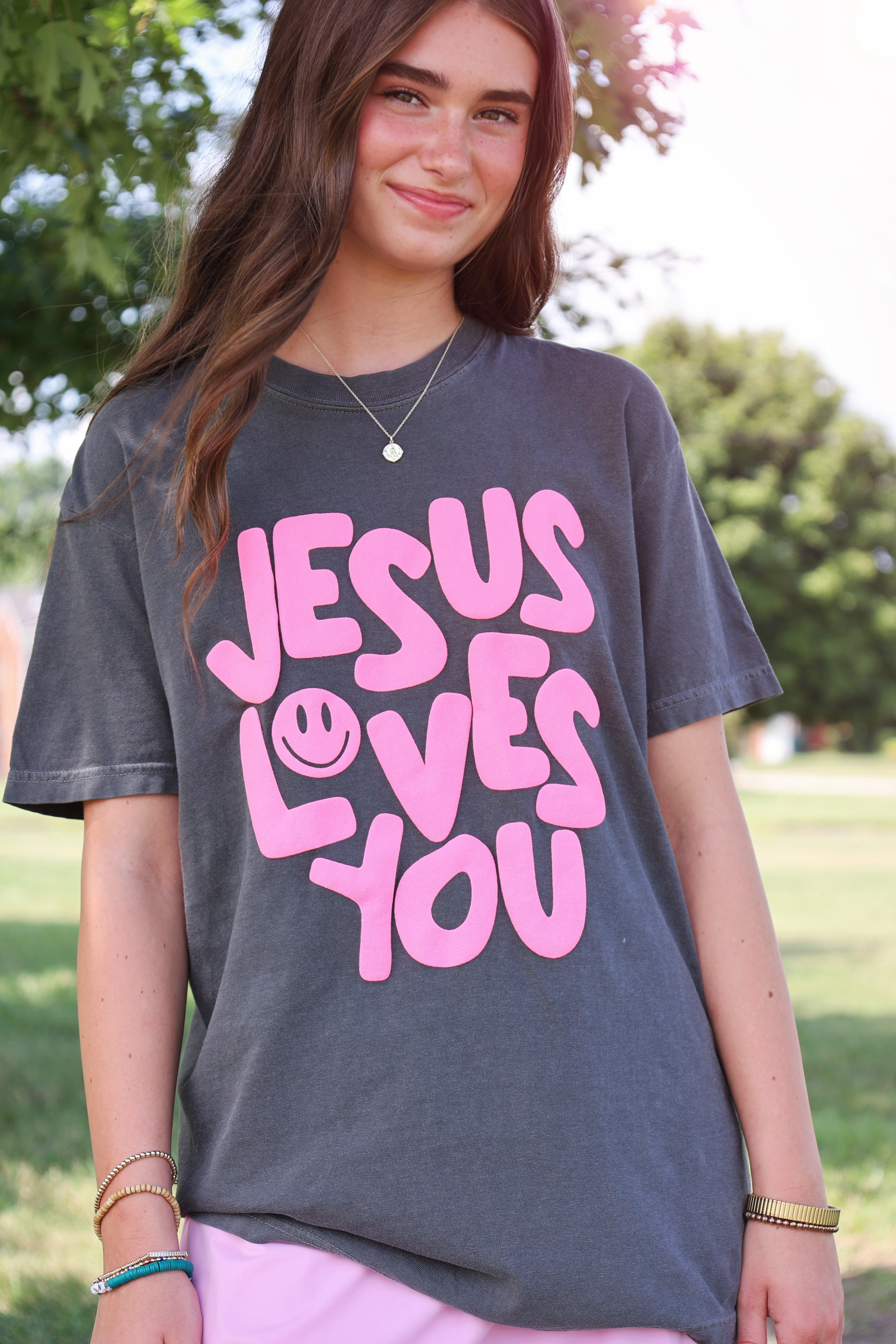 Smile Jesus Loves You Tee Wide Shoulder Cut