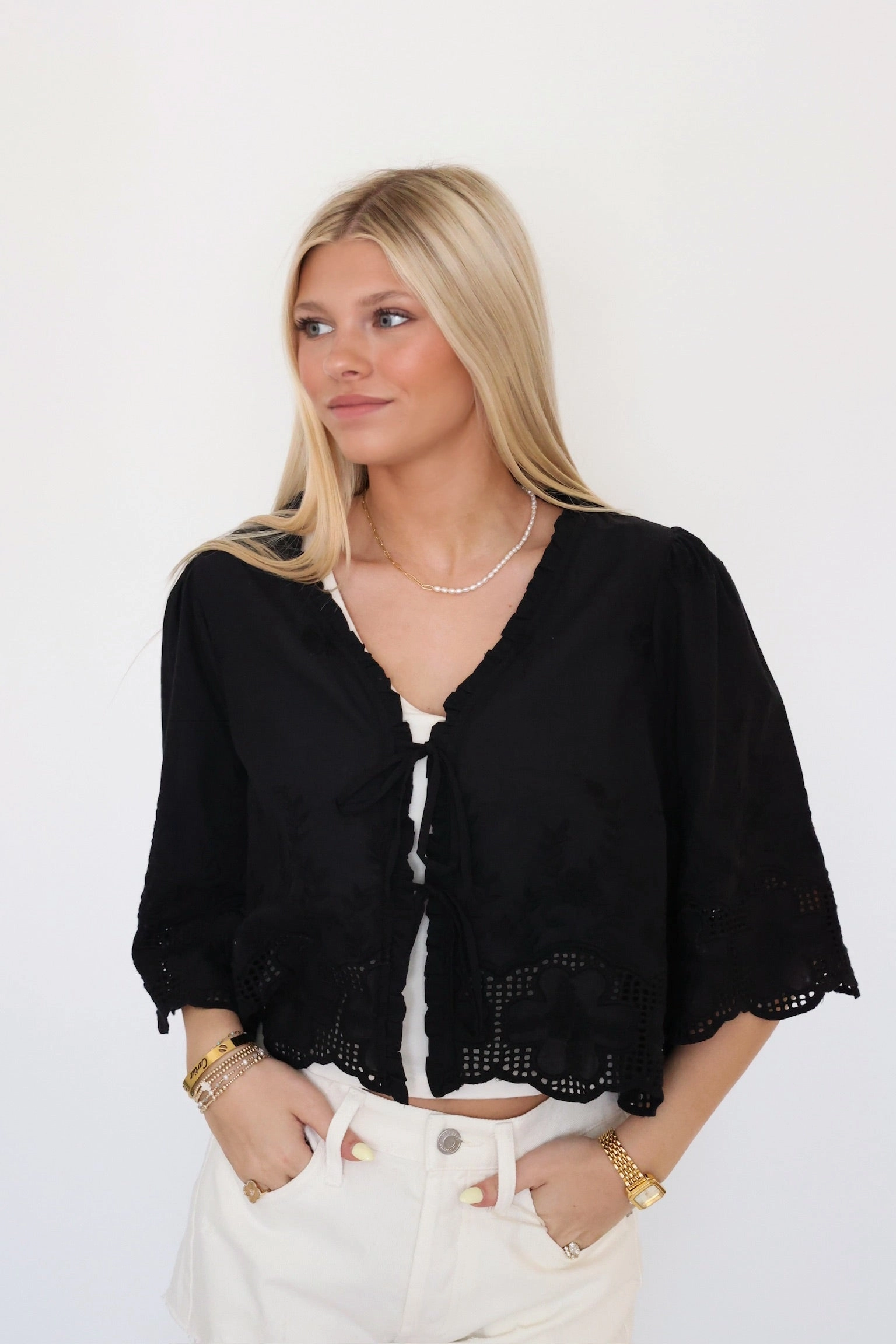 Garment Washed Daisy Tie Front Blouse- Black
