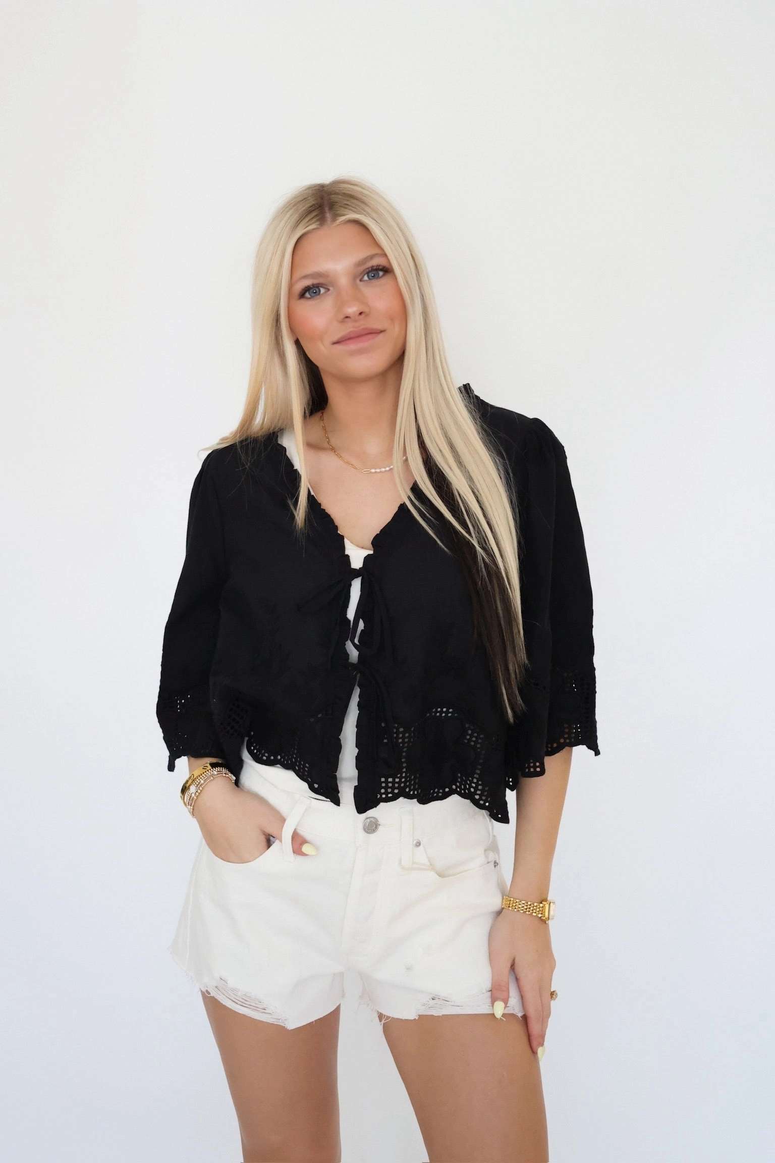 Daisy Tie Front Blouse- Black Casual Long Sleeve