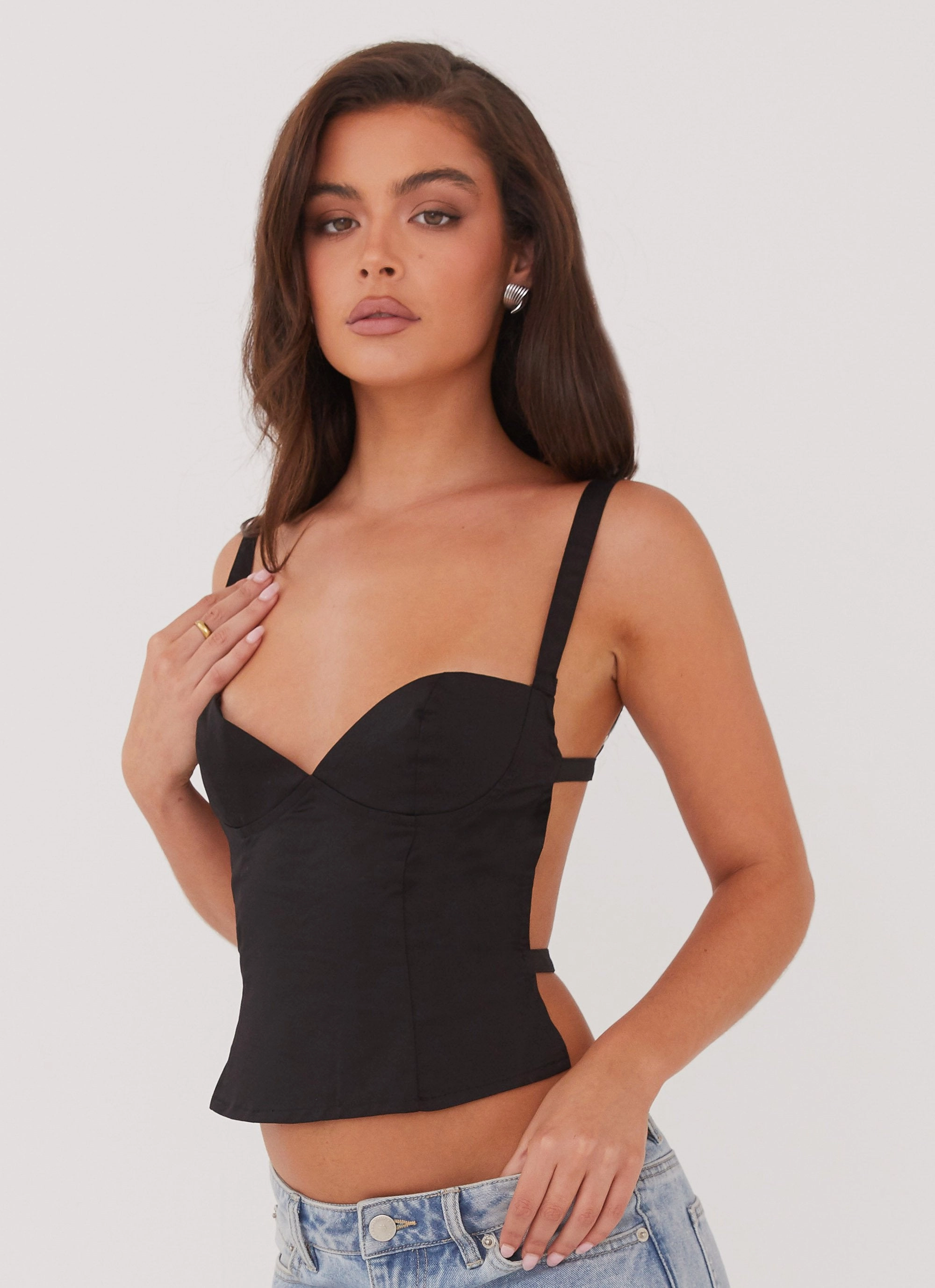 Naomi Backless Top - Black Compression Fit Engineering Sheer Overlay Material