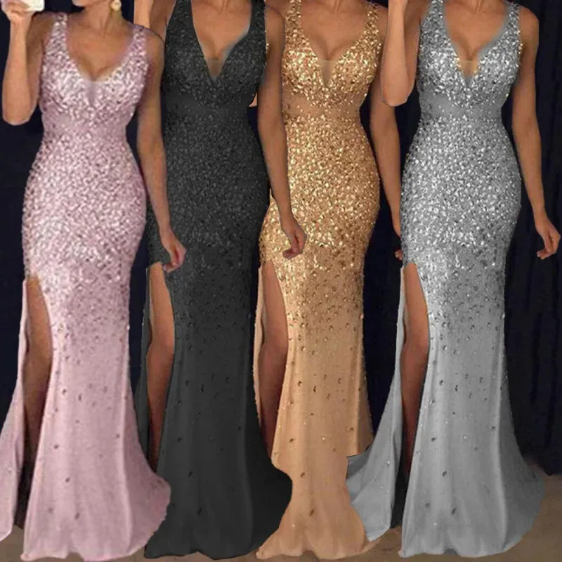 Hnzxzm Plus Size New 2024 Womens Long Dress with Plus Size Straps V-neck Slit and Gold Sexy Evening Dresses with Elegant Temperament
