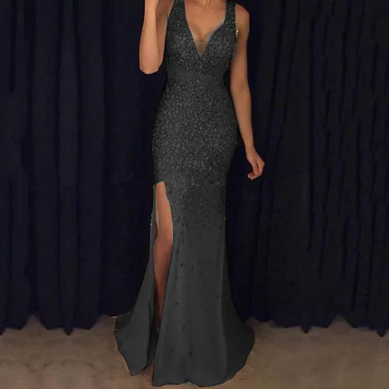 Hnzxzm Plus Size New 2024 Womens Long Dress with Plus Size Straps V-neck Slit and Gold Sexy Evening Dresses with Elegant Temperament
