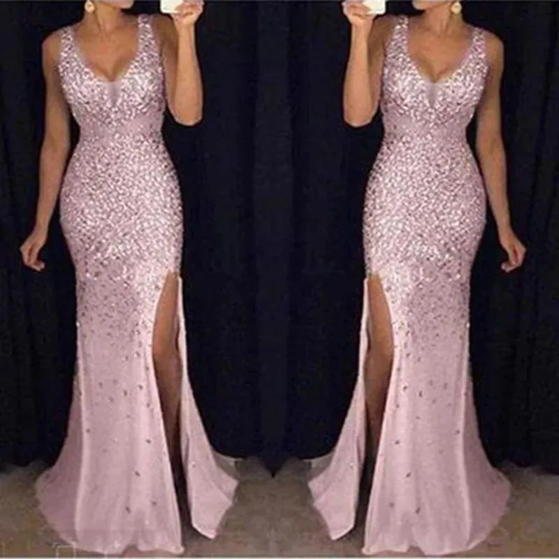 Hnzxzm Plus Size New 2024 Womens Long Dress with Plus Size Straps V-neck Slit and Gold Sexy Evening Dresses with Elegant Temperament