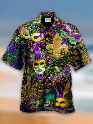 Holiday Mardi Gras Men's Hawaiian Shirts Stretch Plus Size Casual Aloha Shirts