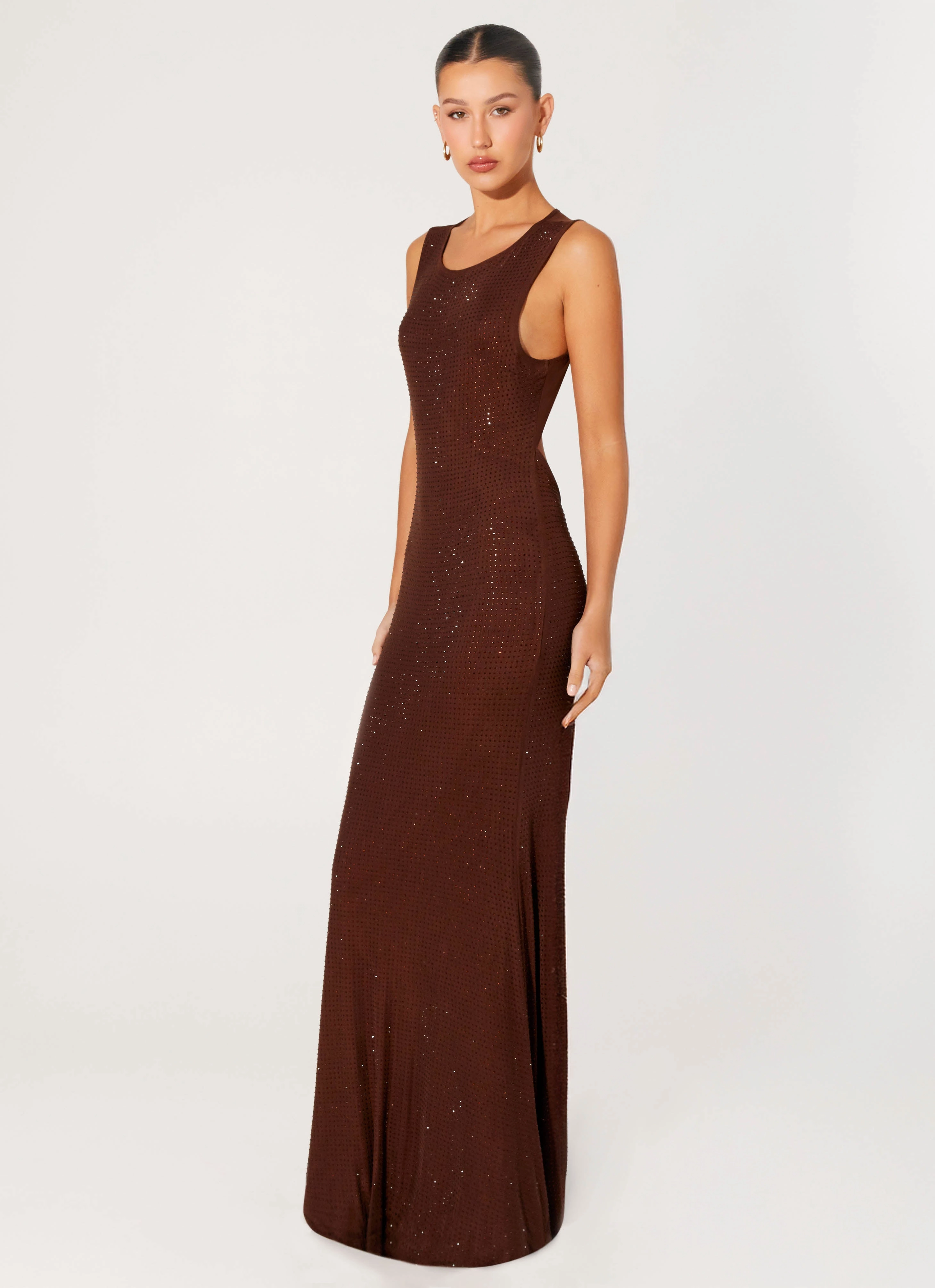 Hot Sequins Maxi Dress - Chocolate Peplum-Style Theater-Night