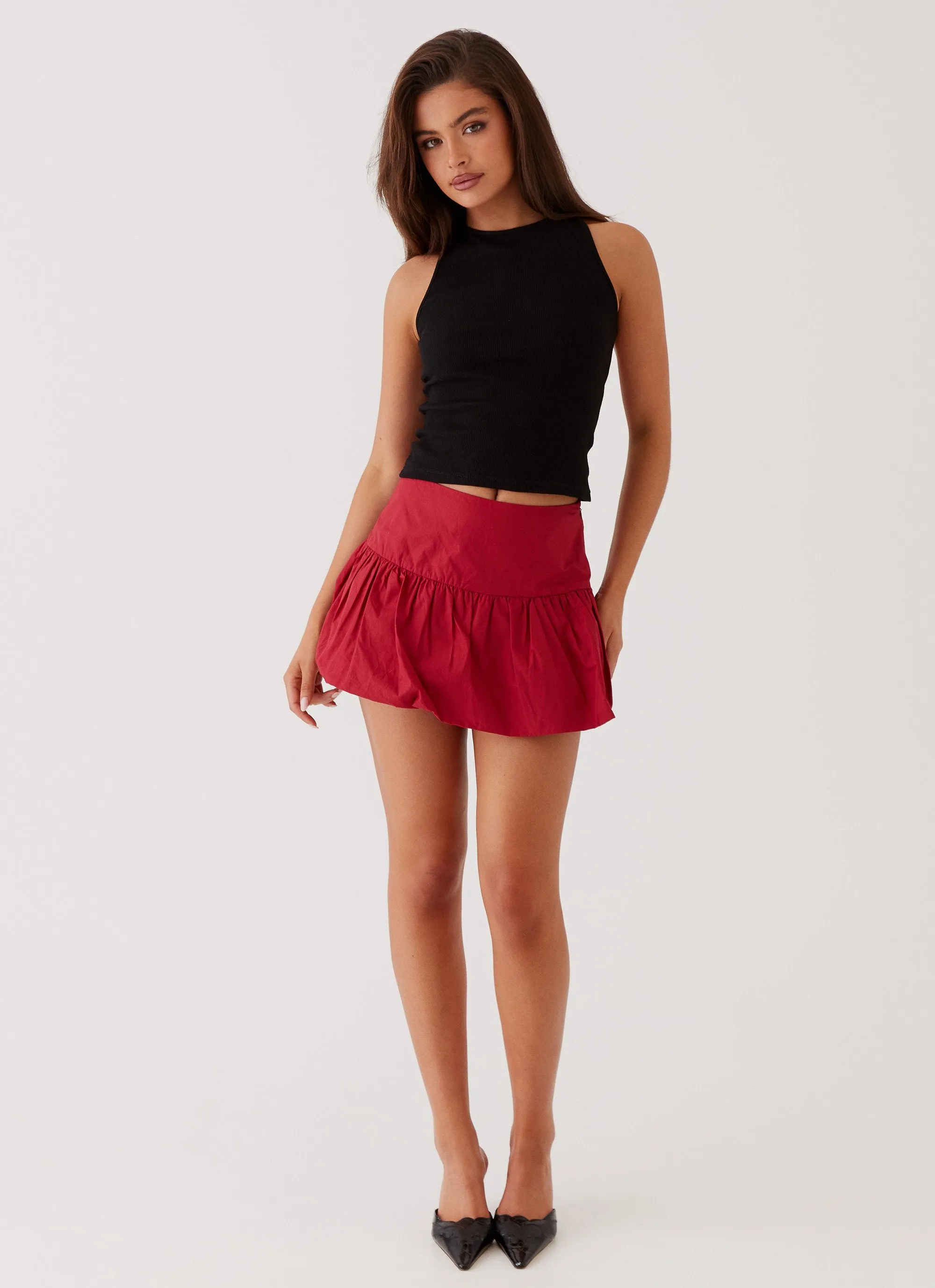 Hotel California Low Rise Mini Skirt - Red Polished Fit