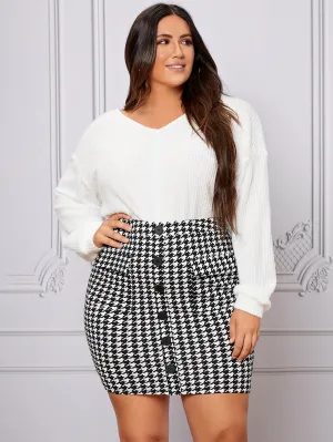 Houndstooth Button Front Short Plus Size Skirt