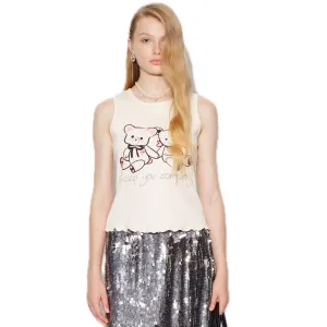 Hug Bear Print Tank Top Beige