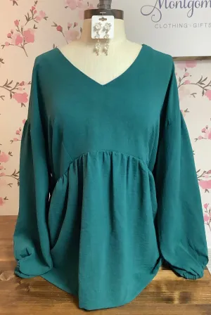 Hunter Green Curvy V-Neck BabyDoll 3/4 Sleeve
