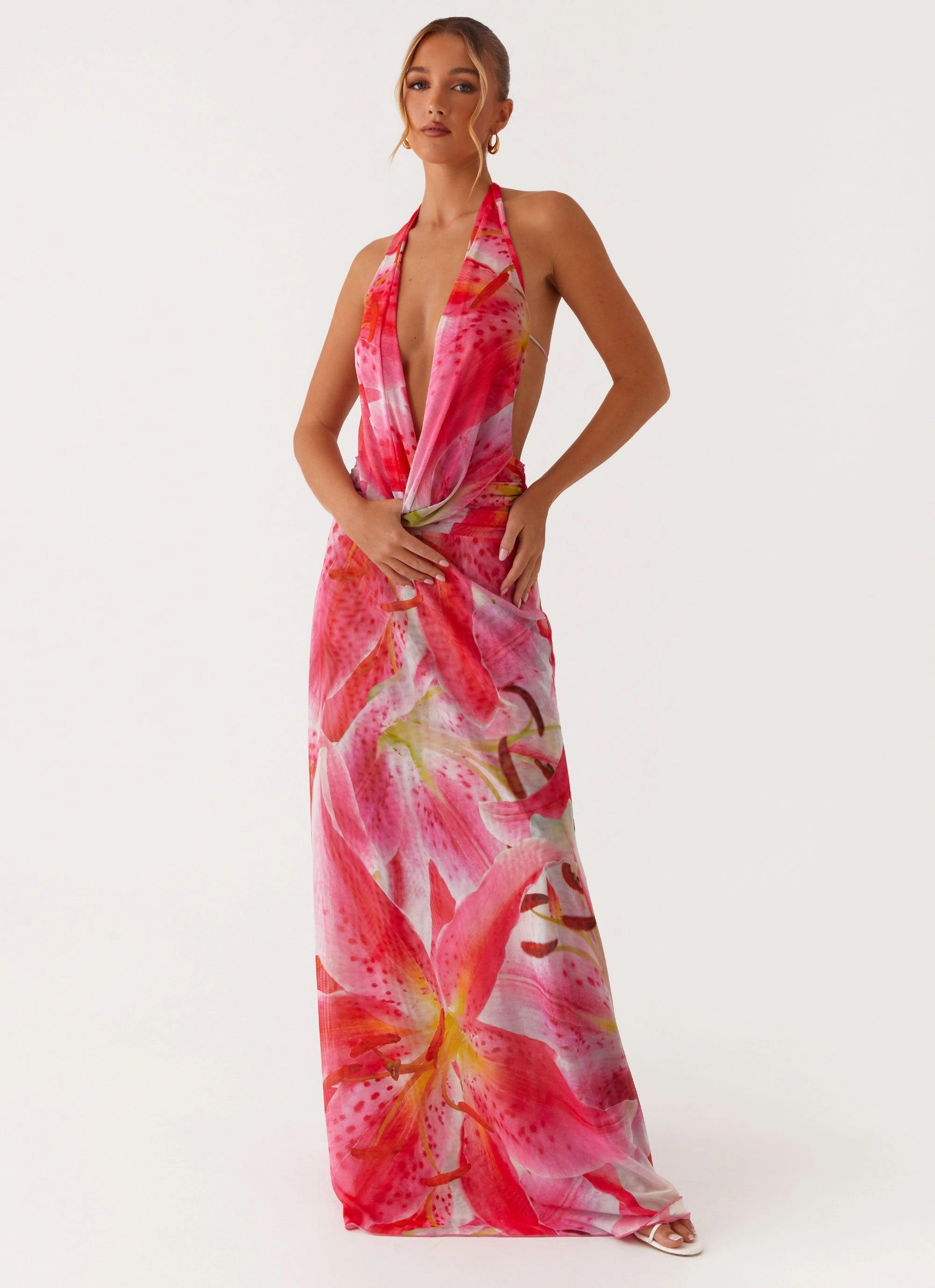 Art-Gallery Flattering Look Fit Elysia Mesh Maxi Dress - White Pink Lilly