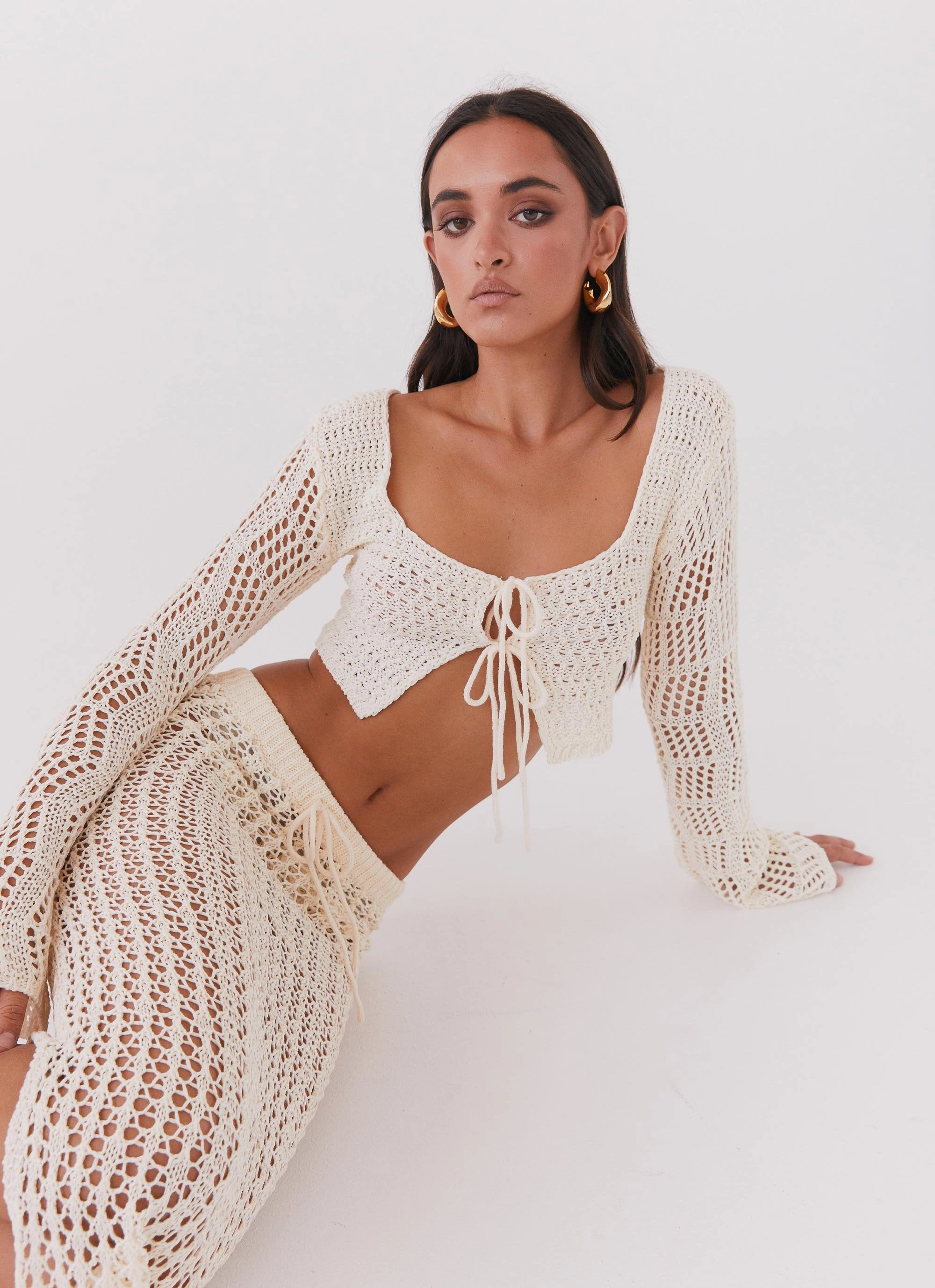 Rosalina Crochet Long Sleeve Top - Natural Cotton Twill