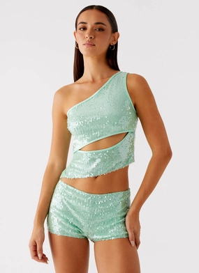 Hypoallergenic Fibers Travis Sequin Top - Sage TapedSeamConstruction Sleek Casual Travis Sequin Top - Sage