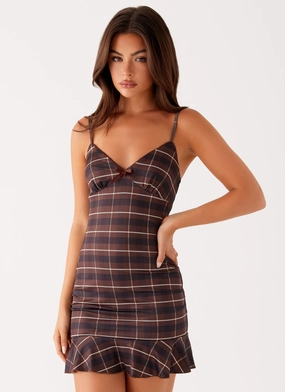 Karis Mini Dress - Brown Black Check Trendy Comfort garden party