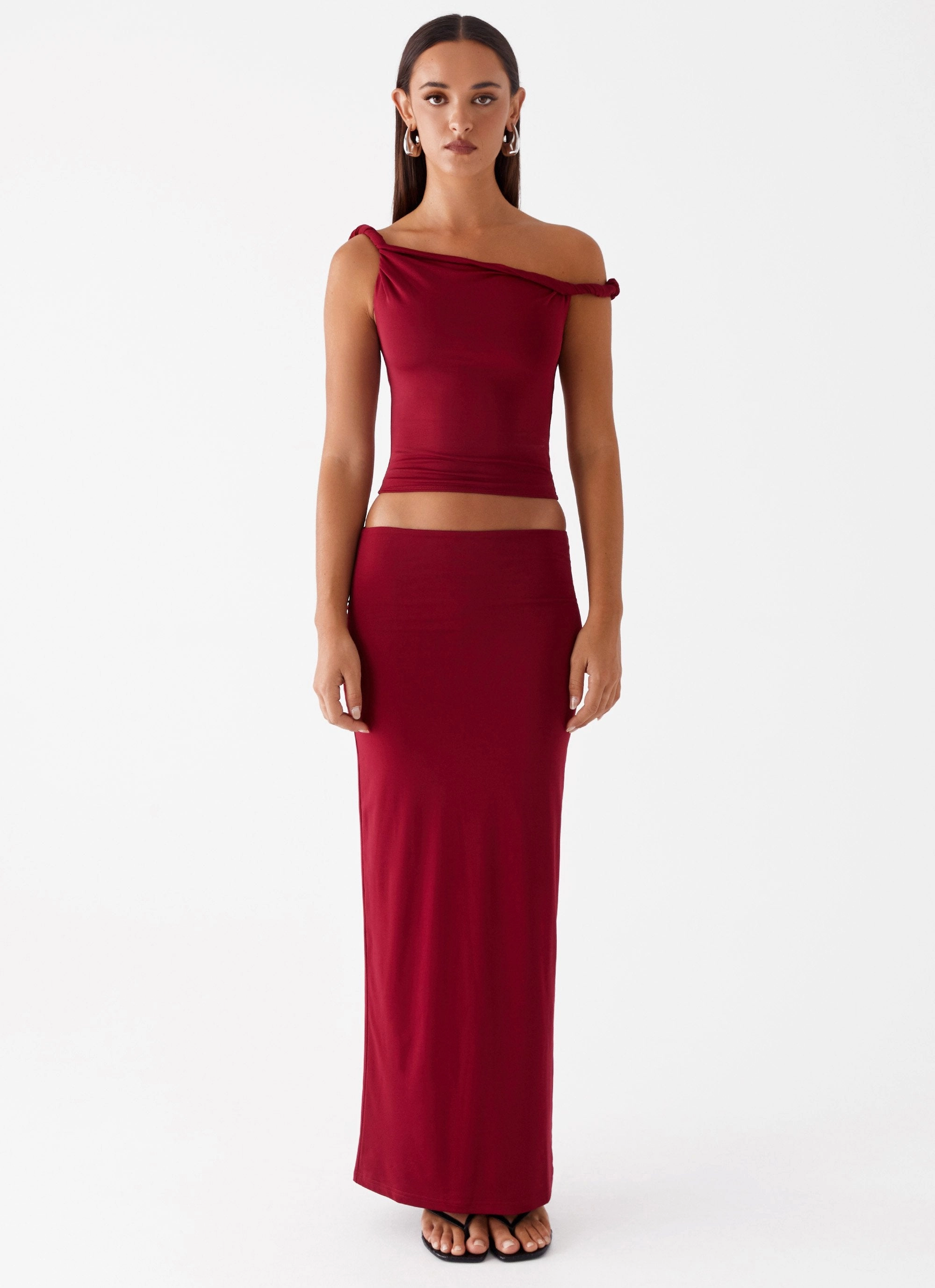 Solace Soul Twist Shoulder Top - Maroon Adjustable Hem Toggles