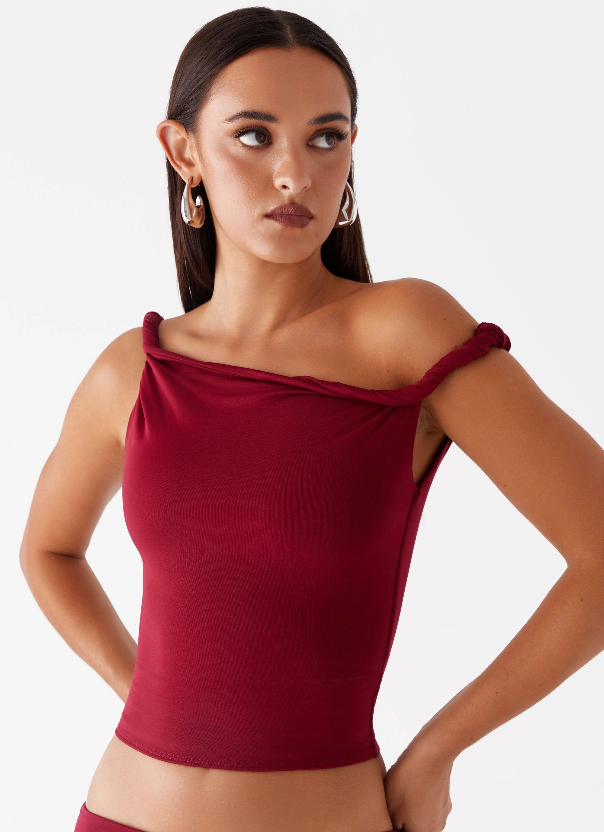 Solace Soul Twist Shoulder Top - Maroon EthicallySourced Stylish Dress