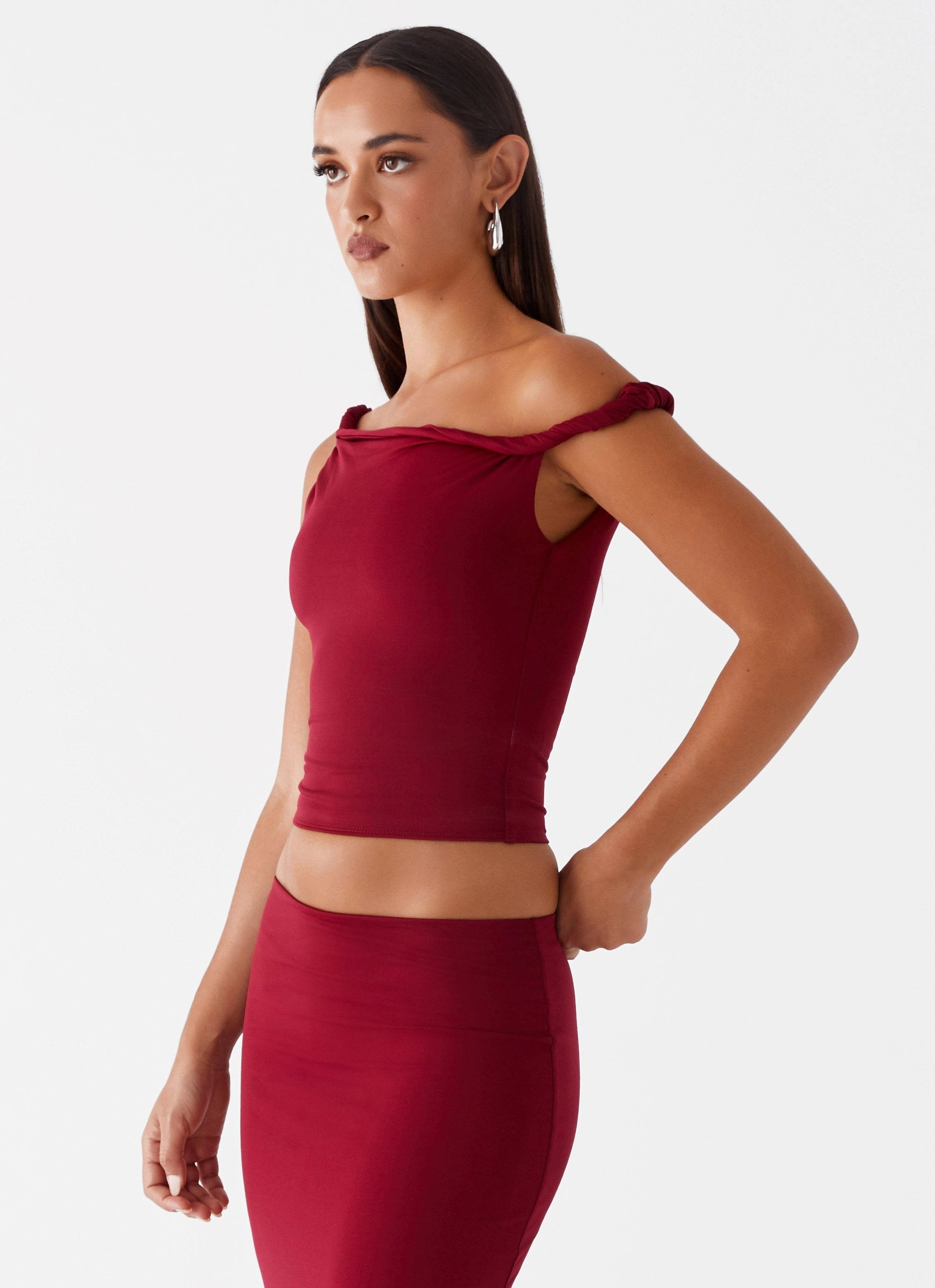 Solace Soul Twist Shoulder Top - Maroon Glow In The Dark Accent Trim
