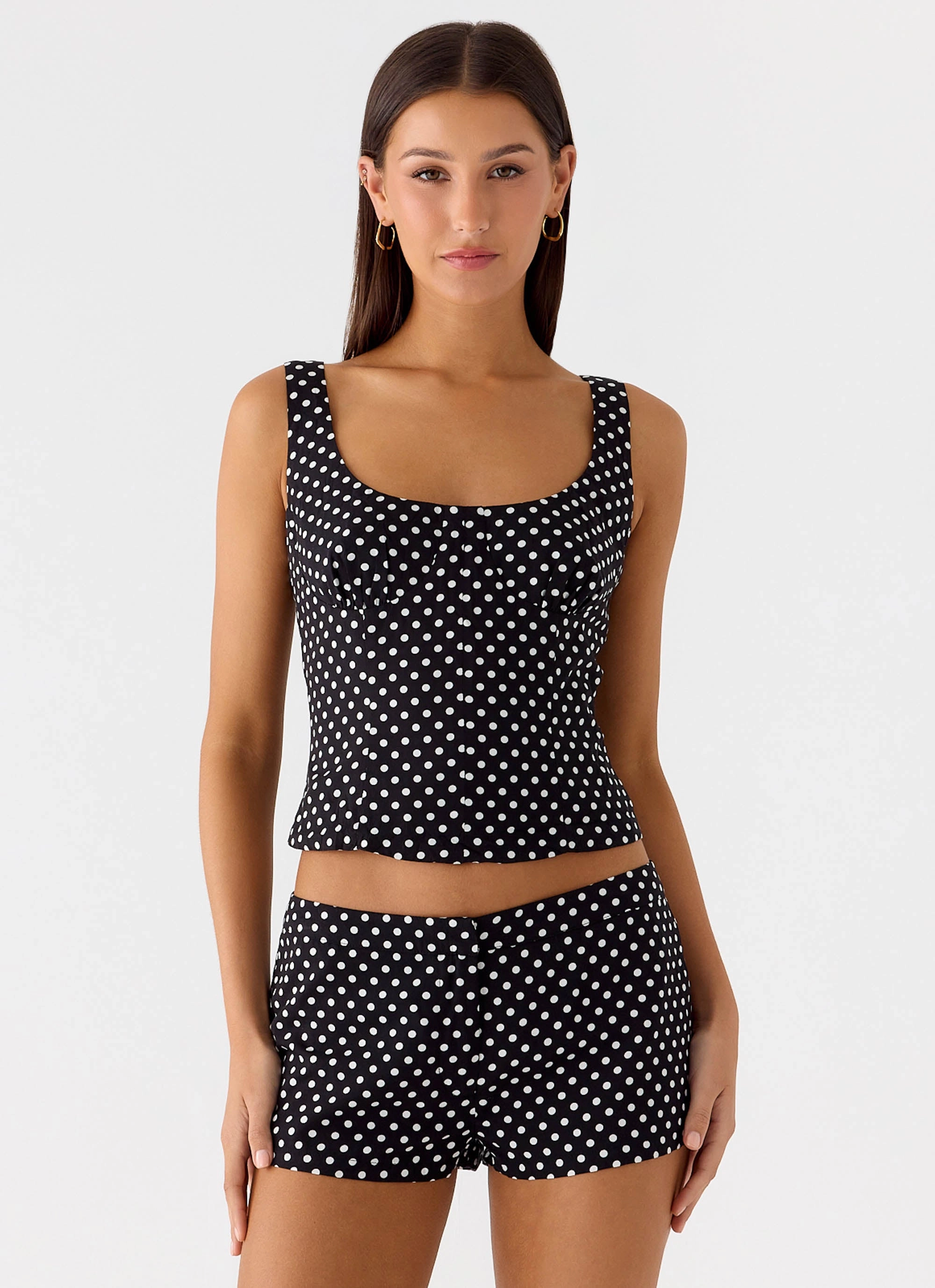 Coastline Mini Shorts - Black Polkadot Adjustable drawstring Dry Weather Look
