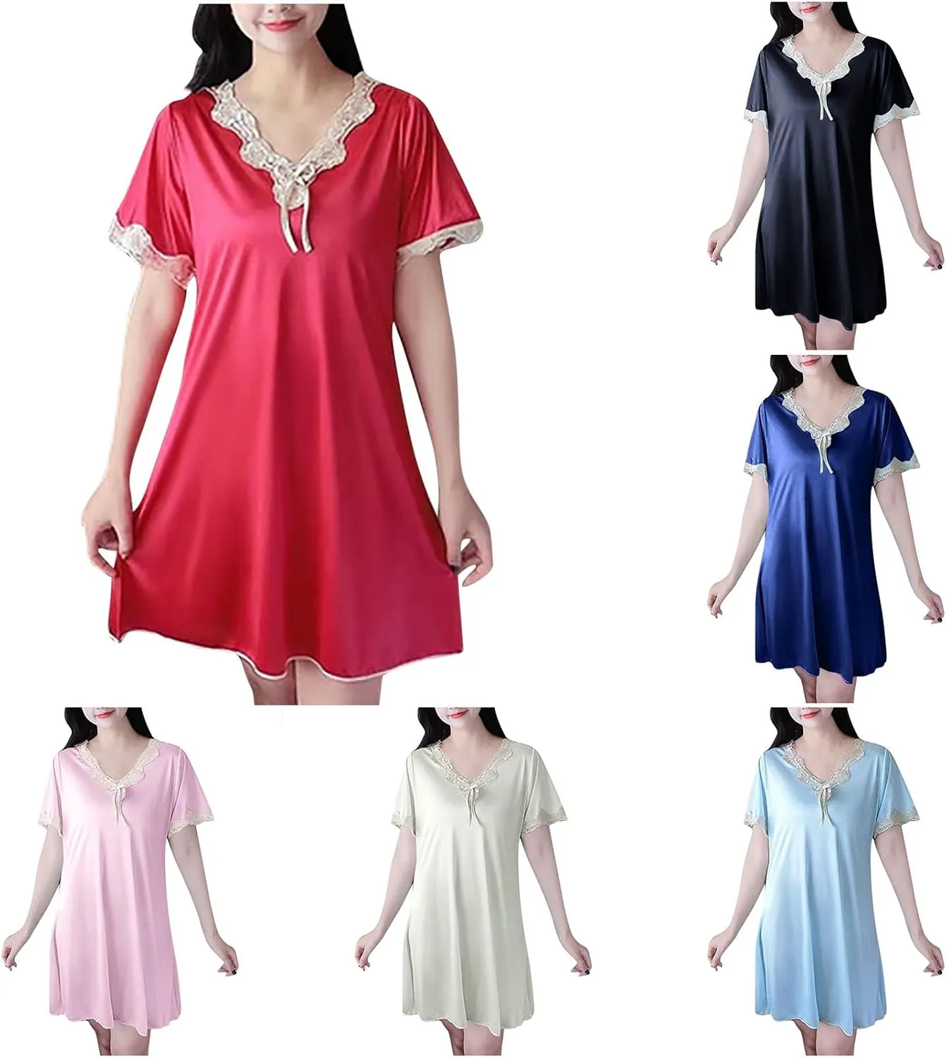 Ice Silk Nightgown for Women Loose Summer Sleepwear Sexy Lace Trim V Neck Short Sleeve Comfy Sleepshirt Nightdress