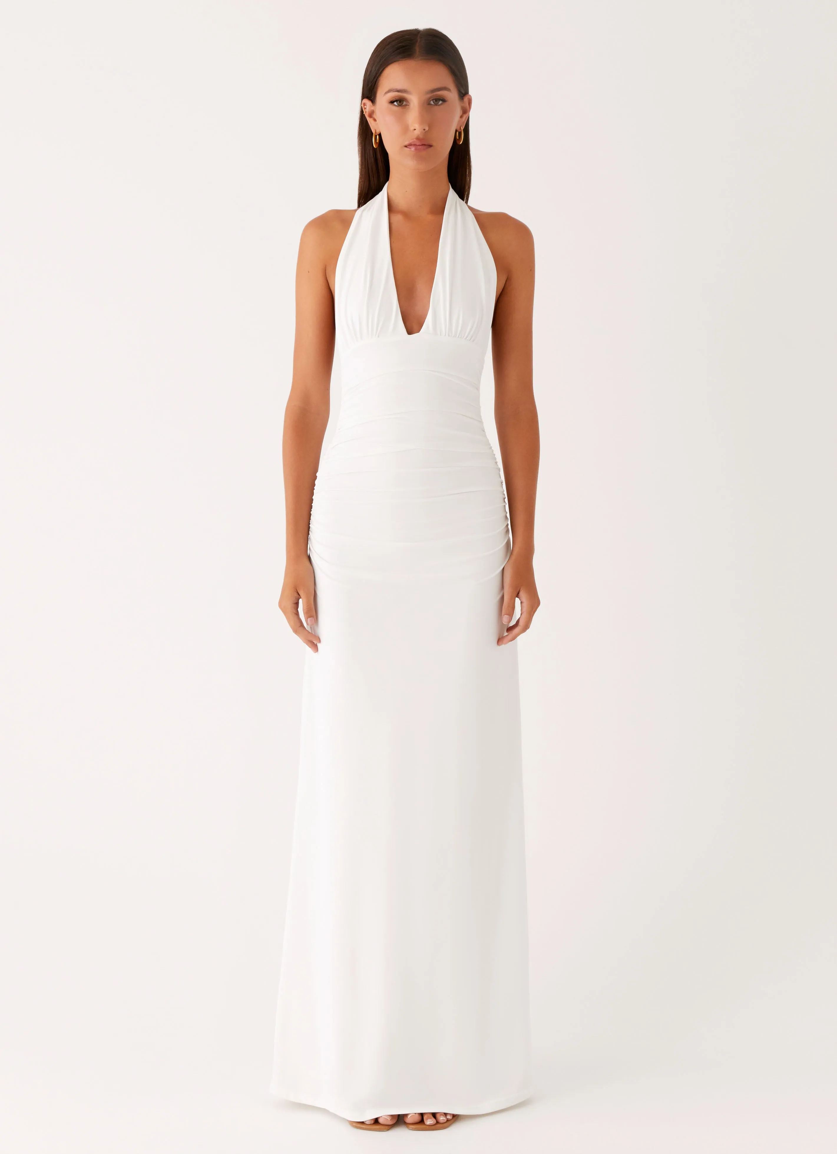 Wrinkle Resistant Material Matte Finish Ilaria Halter Maxi Dress - White
