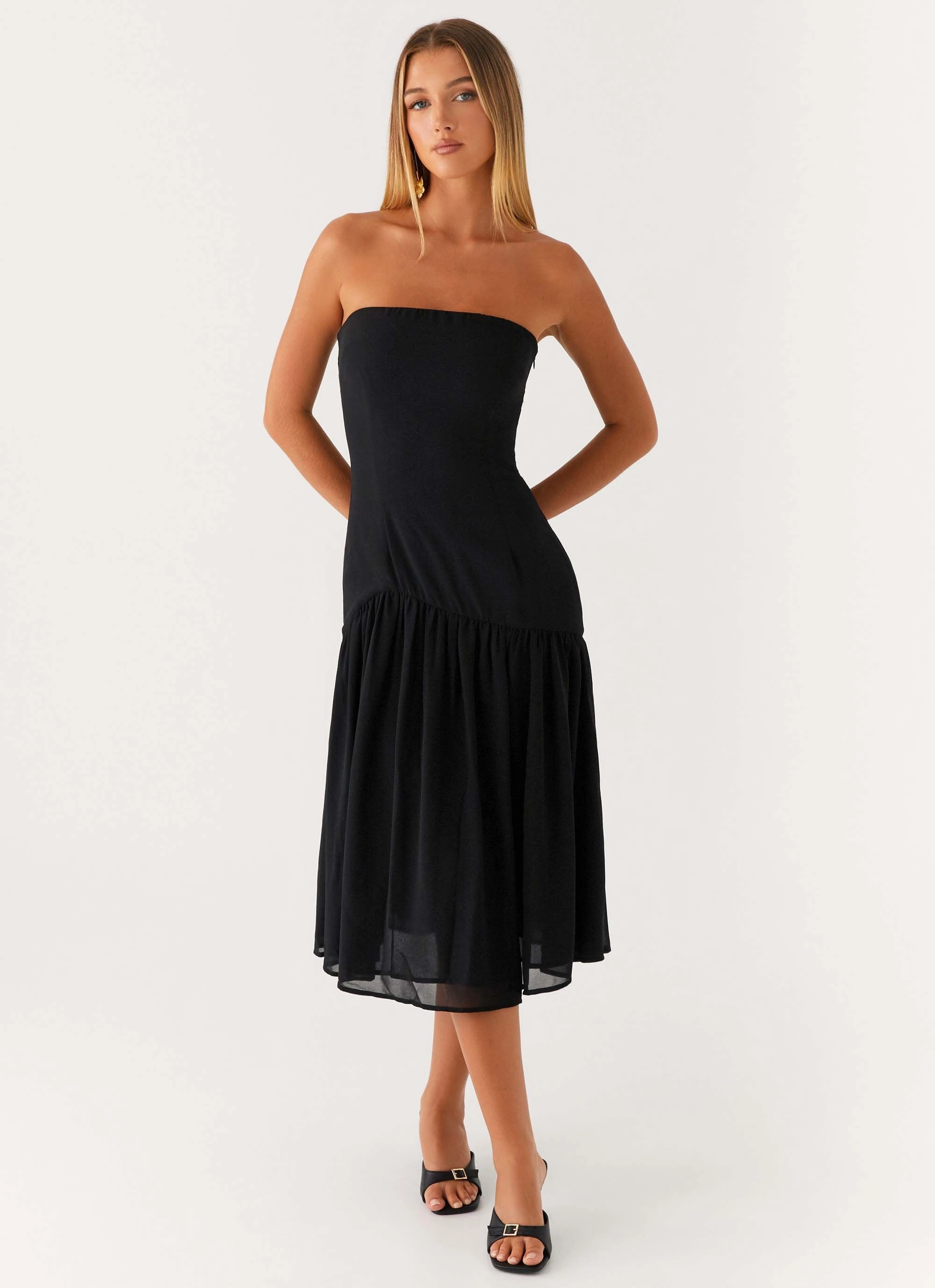 Imagination Strapless Midi Dress - Black Drapey Fabric Vibrant Colors