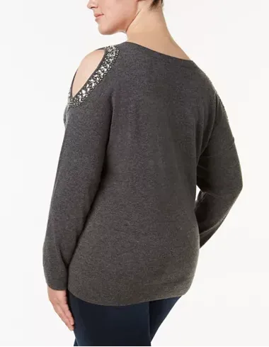 INC International Concepts Plus Size Embellished Cold-Sho Heather Grey 0X
