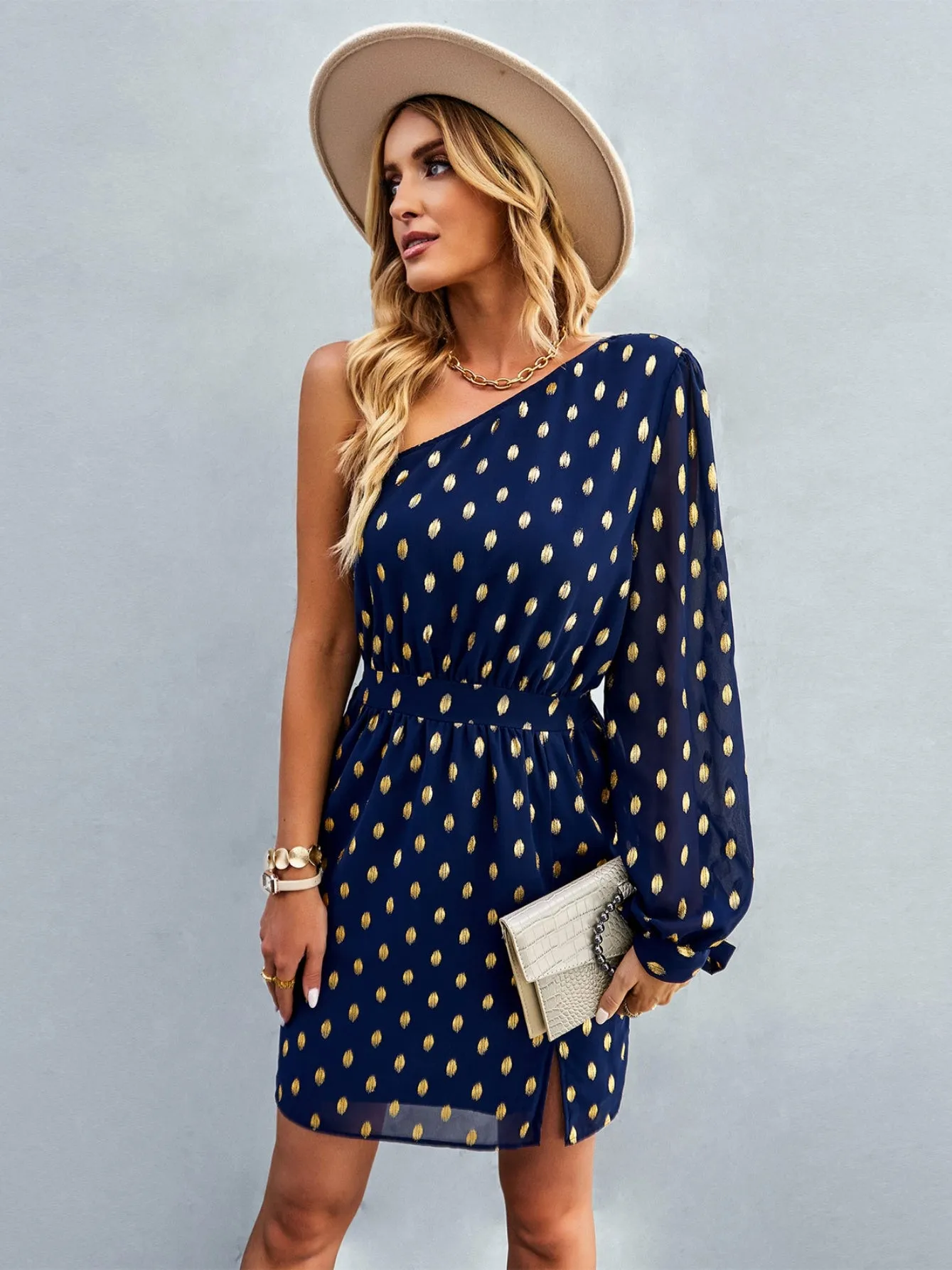 Inclined Shoulder Long Sleeve Dress