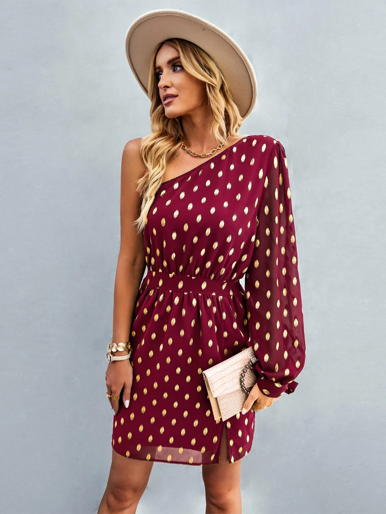 Inclined Shoulder Long Sleeve Dress