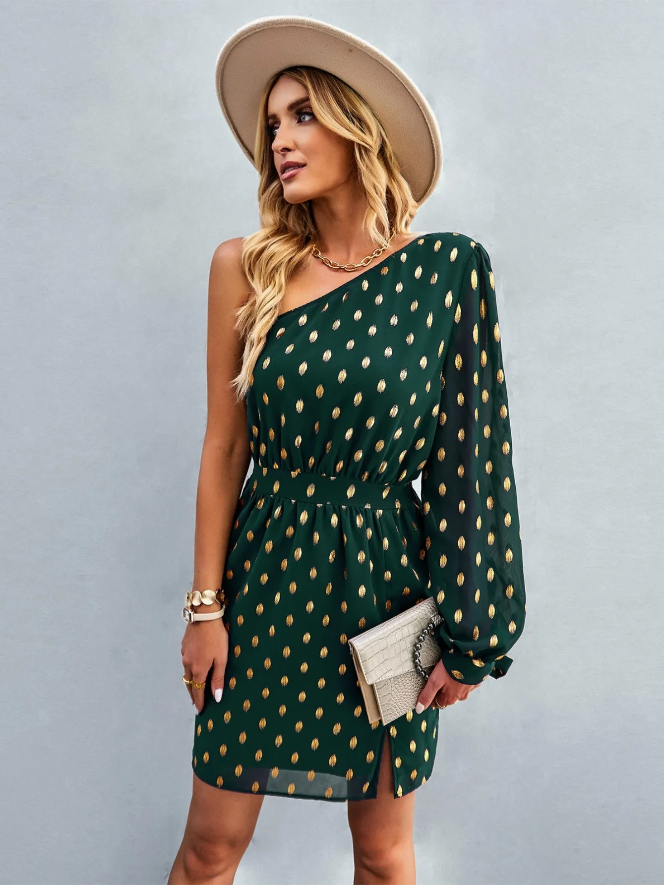 Inclined Shoulder Long Sleeve Dress