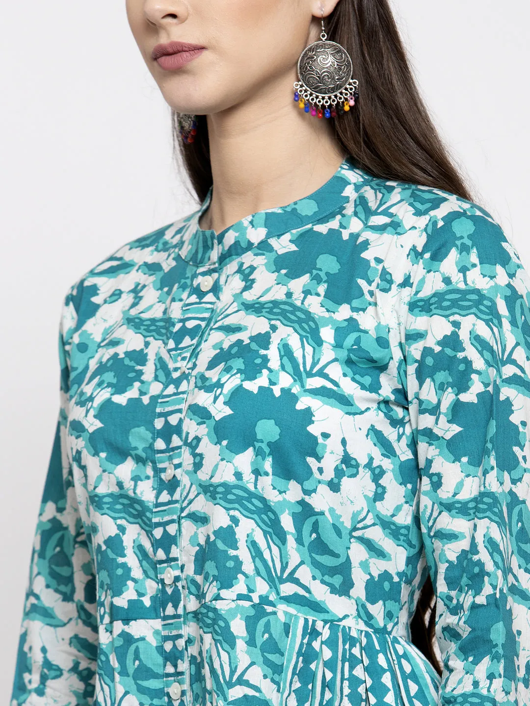 Indibelle cotton abstract print 2 side kali A-line kurta (Turquoise)