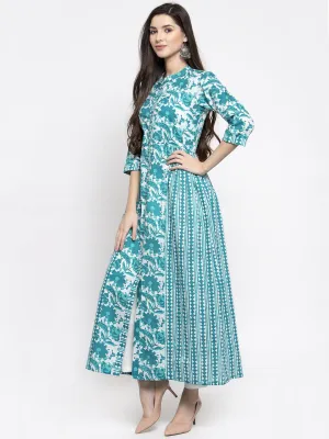 Indibelle cotton abstract print 2 side kali A-line kurta (Turquoise)
