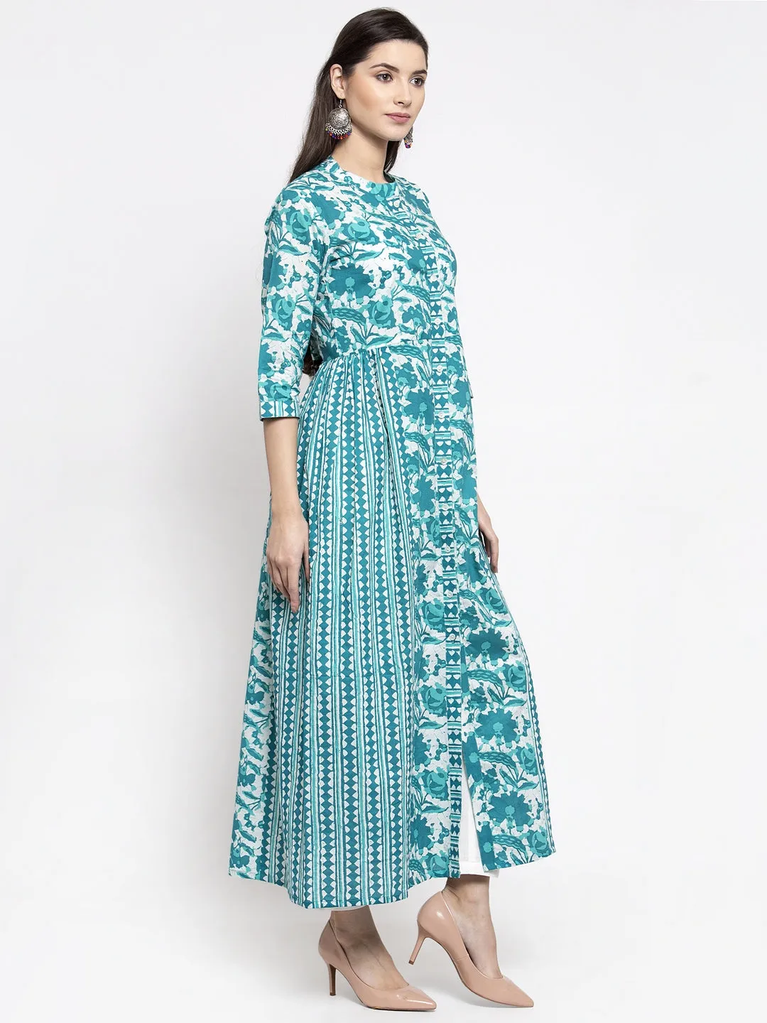 Indibelle cotton abstract print 2 side kali A-line kurta (Turquoise)