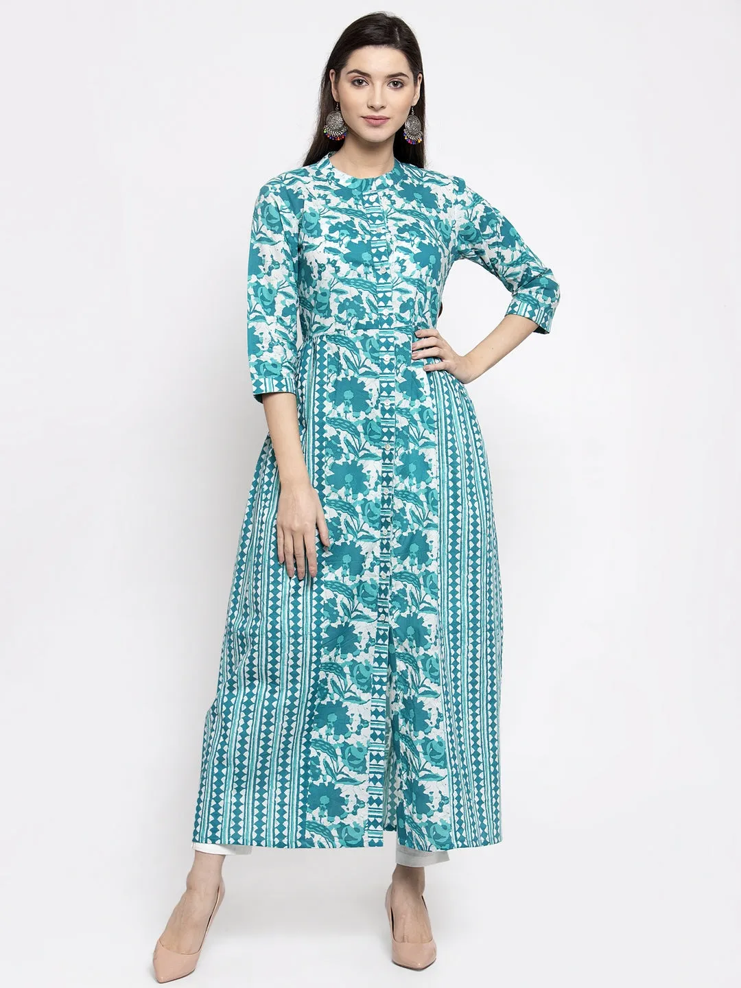 Indibelle cotton abstract print 2 side kali A-line kurta (Turquoise)