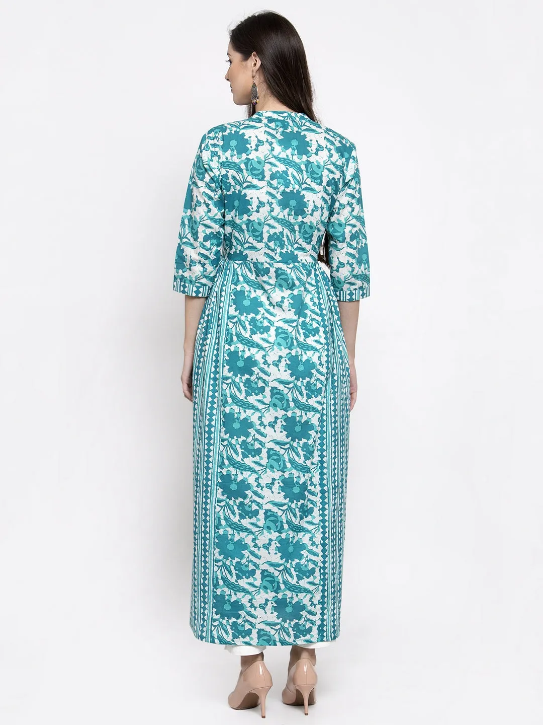Indibelle cotton abstract print 2 side kali A-line kurta (Turquoise)