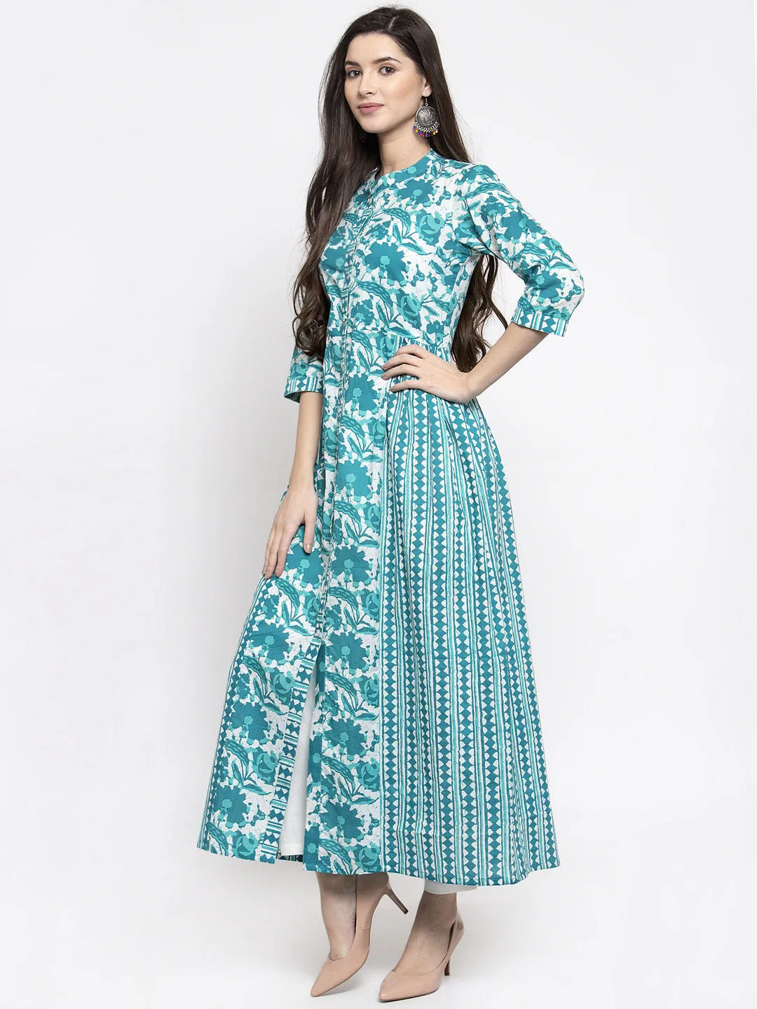 Indibelle cotton abstract print 2 side kali A-line kurta (Turquoise)