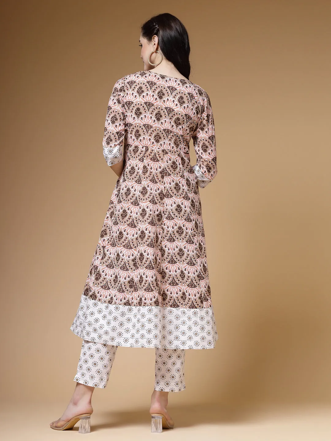 Indibelle Cotton Floral print A-Line Kurta (Brown)