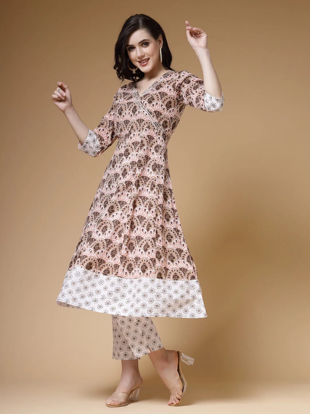 Indibelle Cotton Floral print A-Line Kurta (Brown)