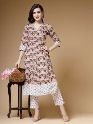 Indibelle Cotton Floral print A-Line Kurta (Brown)