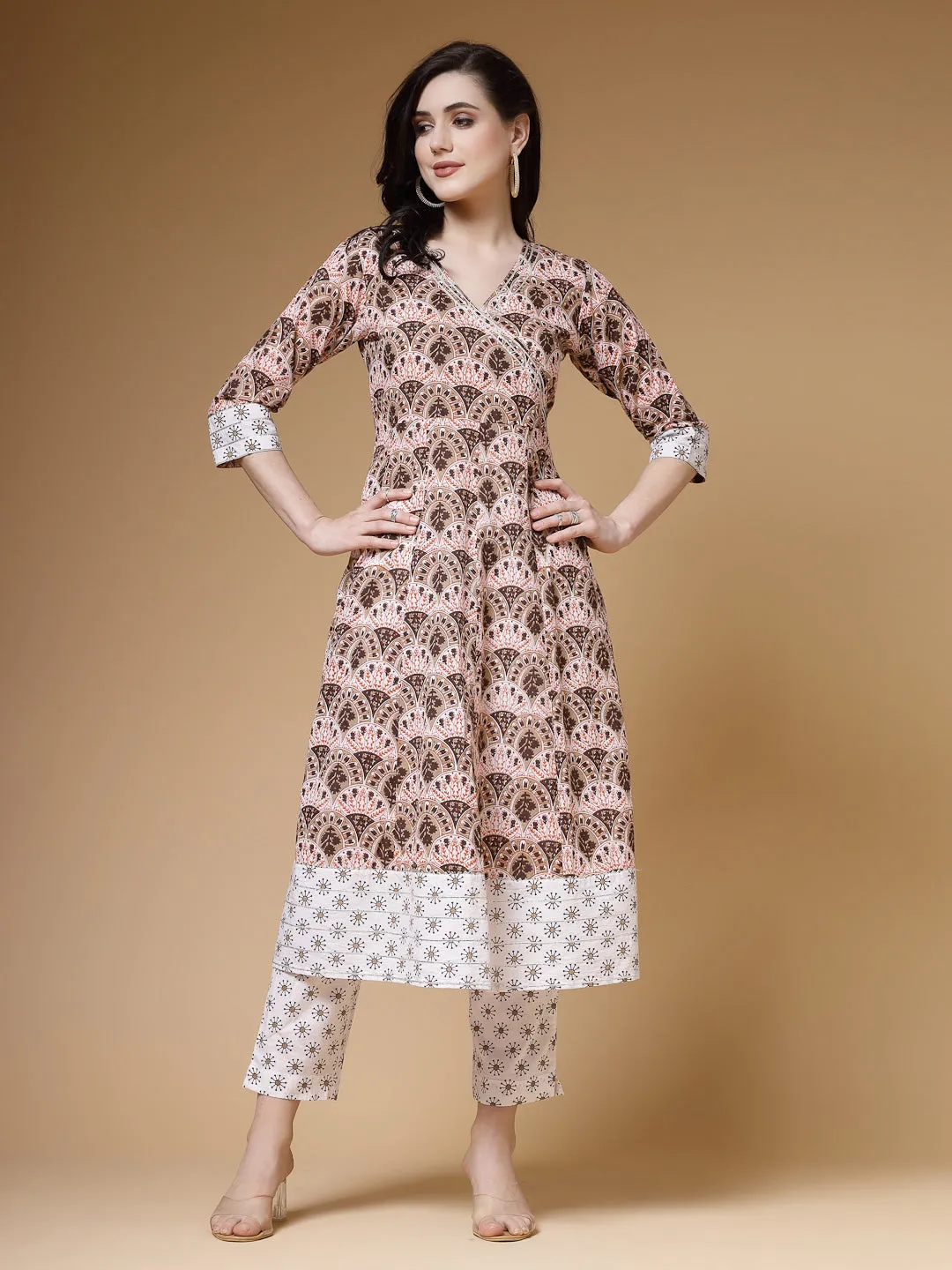 Indibelle Cotton Floral print A-Line Kurta (Brown)