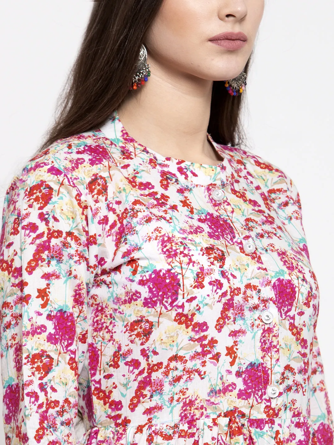 Indibelle cotton floral print front slit A-line kurta (Pink)