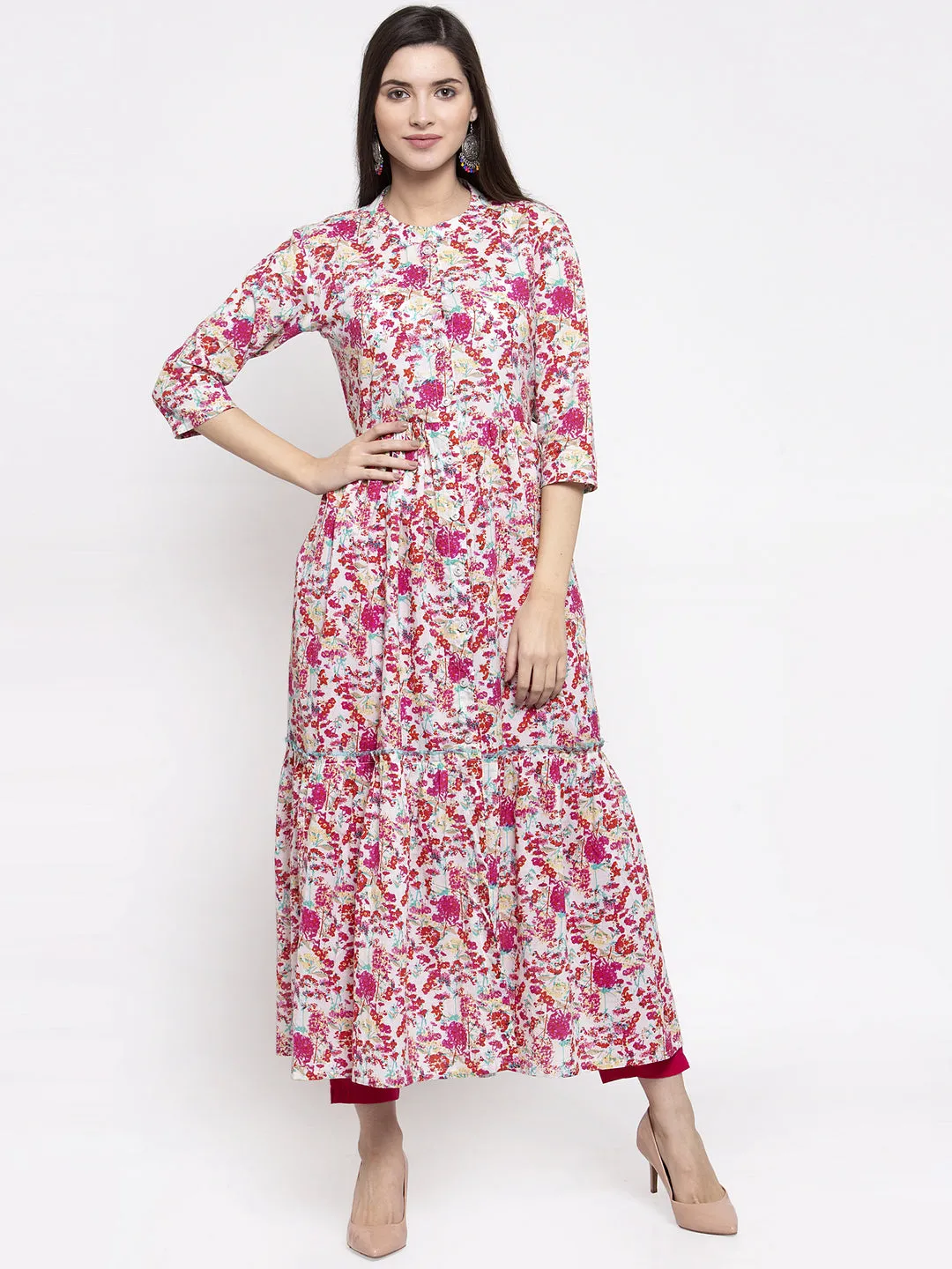 Indibelle cotton floral print front slit A-line kurta (Pink)